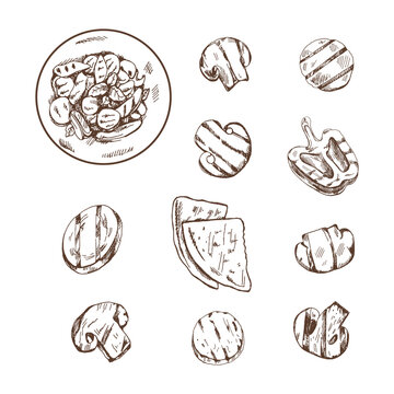 A set of hand-drawn sketches of champignons, grilled vegetables and bread. For the design of the menu of restaurants and cafes, steaks. Vintage doodle illustration. The engraved image.
