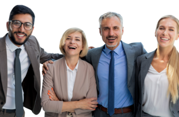 Happy modern business people expressing joyful while standing on a transparent background