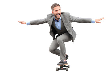 Confident young businessman in business suit on longboard hurrying to his office on a transparent...