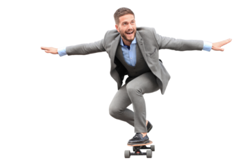 Confident young businessman in business suit on longboard hurrying to his office on a transparent background