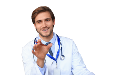 Smiling handsome male doctor talking at camera with patient on a transparent background