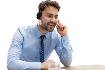 Smiling friendly handsome young male call centre operator on a transparent background