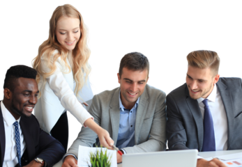 startup business team on meeting brainstorming, working on laptop and tablet computer on a transparent background