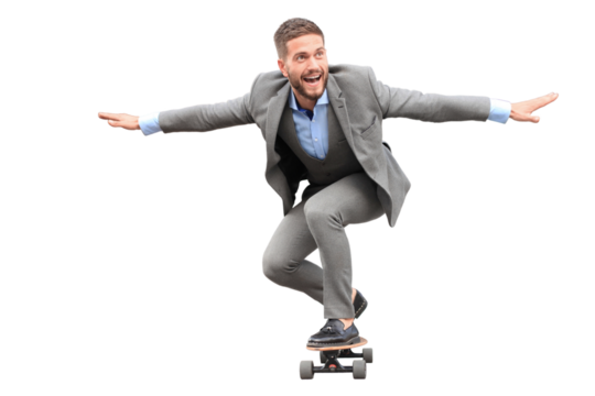 Confident young businessman in business suit on longboard hurrying to his office on a transparent background