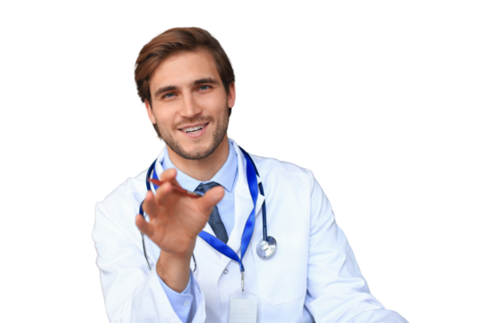 Smiling handsome male doctor talking at camera with patient on a transparent background