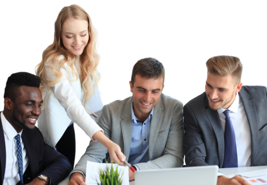 startup business team on meeting brainstorming, working on laptop and tablet computer on a transparent background