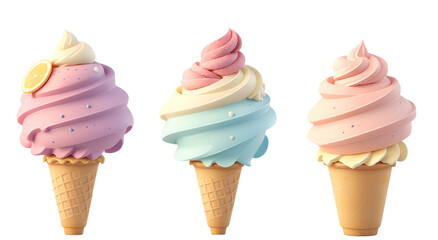 Set of ice cream cones with different flavors isolated on transparent background, 3d illustration. Generative AI