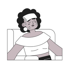 African american sweaty woman with wet towel monochromatic flat vector character. Heat stroke symptom. Editable thin line half body person on white. Simple bw cartoon spot image for web graphic design