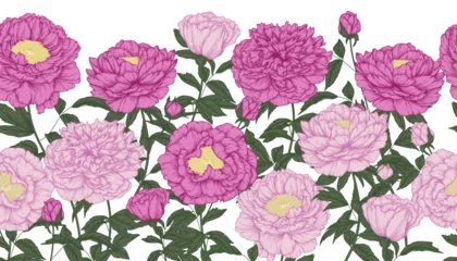 Behang Seamless horizontal vector pattern garden of pink peony flowers in engraving style © Viktoriia Holovko