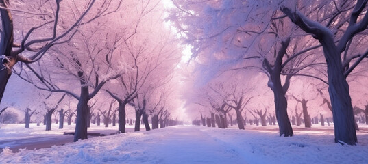 Beautiful alley in the park in winter with trees covered in snow and frost. Colorful blue and pink