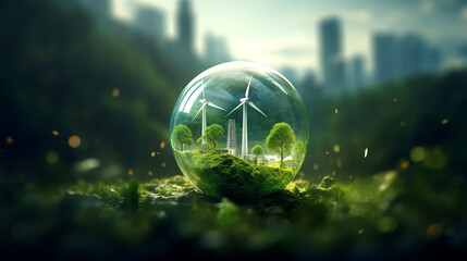 Glass ball filled with wind power plants in green environment and clean energy