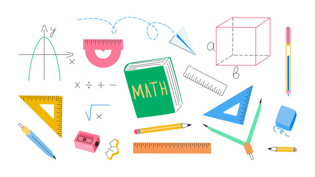 School supplies for math set. Writing tools, pencil, pen, rulers, textbook. Mathematical symbols, formulas, graphs. Education, back to school concept. Vector illustration isolated on white background