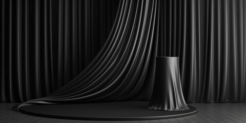 Black product background room and podium stand on dark curtain scene display with luxury fabric backdrops
