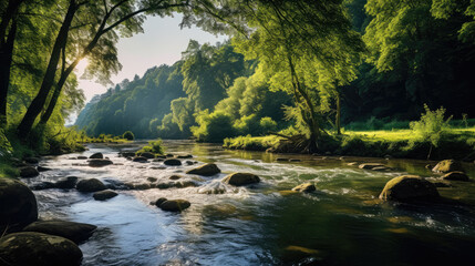 Obraz premium Amidst mountains, a river weaves through trees, painting vibrant green hues, evoking serene majesty