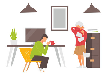 People coughing at working place, man and woman