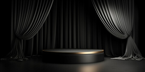 Black product background room and podium stand on dark curtain scene display with luxury fabric backdrops