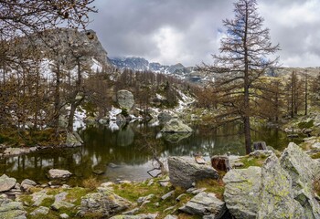Lac Vert, an Alpine lake located in the Fontanalba valley, at 2130 metres altitude, in France.