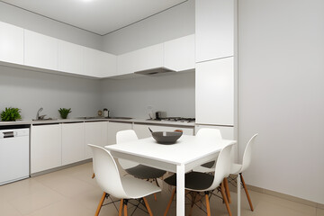 Fototapeta na wymiar Rent sale of new apartment modern housing, modern renovation. White furniture with utensils, shelves with crockery and potted plants, refrigerator in simple minimal dining room, free space. 3d render.