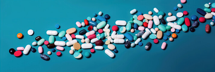 many different pills and medicines for treatment of diseases on blue background. Generative AI illustration