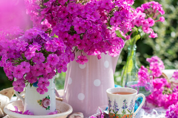 Flowers Phlox subulata in vase with white dots in nature background outdoors, summer still life with bouquet of flowers phlox