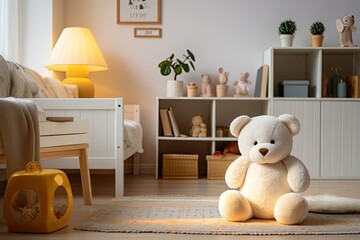 Interior of a baby or child's room with warm and cozy house toys. A baby room with colorful toys in a wooden box to develop your baby's skills in the morning light