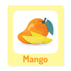 Educational cards for children with ripe, sweet, juicy mango. Fruit alphabet. Preschool education. Vector illustration.