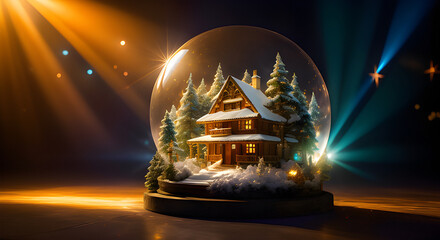 Illustration de globe à neige, village enneigé en hiver,Noël,IA générative. - obrazy, fototapety, plakaty