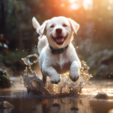 Chiot joyeux sautant dans la boue,IA g&eacute;n&eacute;rative.