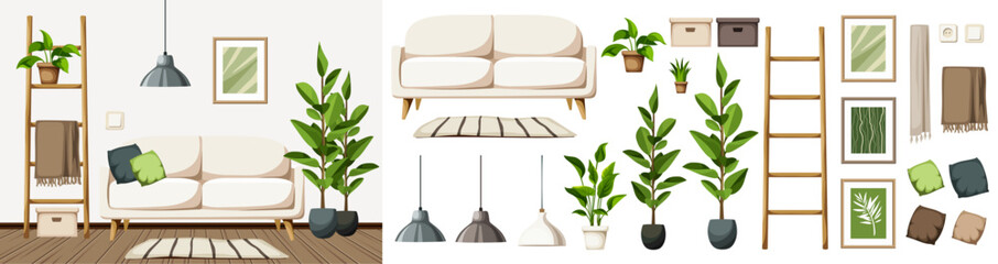 Scandinavian room interior with a white sofa, a ladder, and houseplants. Minimalist interior design. Furniture set. Interior constructor. Cartoon vector illustration