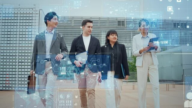 街を歩く多国籍ビジネスパーソンのグループとデジタルテクノロジーイメージ