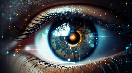 Eye pupil of a robot, cybernetic eye. Futuristic eye of a robot. AI. Human android cyborg eye futuristic control protection personal internet security access