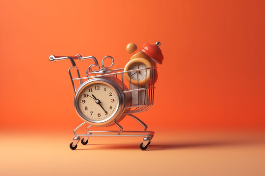 Alarm clock and shopping trolley with space for text. Time to shop
