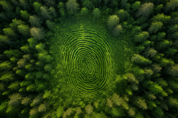 Aerial top down view of a green forest with human fingerprint in the middle , deforestation and human impact on nature biodiversity concept illustration