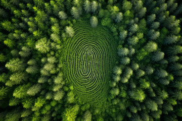 Aerial top down view of a green forest with human fingerprint in the middle , deforestation and human impact on nature biodiversity concept illustration - obrazy, fototapety, plakaty