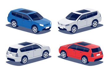 Modern passenger suv car. Mid size sport utility hatchback business vehicle, family car, crossover off-road. Isolated vector red and blue object icons on white background in isometric dimetric style.