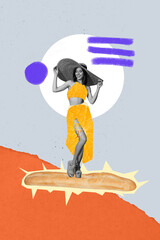 Illustration painted collage artwork of funky girl summer outfit orange fruit print dress eat...