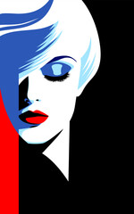Beautiful young fashion woman with blond hair and red lipstick, minimalism. Abstract female portrait, contemporary design, vector illustration