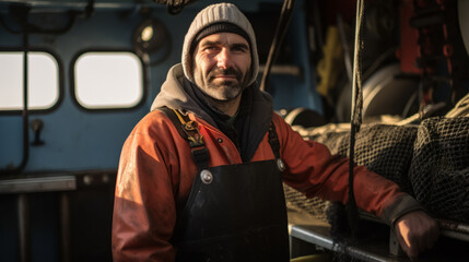 Fototapeta na wymiar Portrait of adult fisherman on a trawler boat