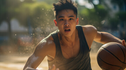 Intense Close-Up of National Team Basketball Player with Grit and Determination. Generative AI.