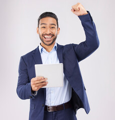 Happy businessman, portrait and tablet with fist pump in celebration for promotion win against a...