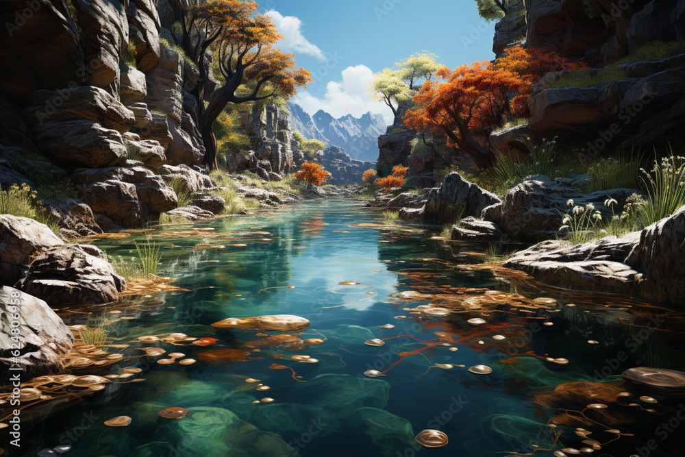 Poster a soothing waterfall cascading into a pool of crystal-clear water, evoking a sense of tranquility. g