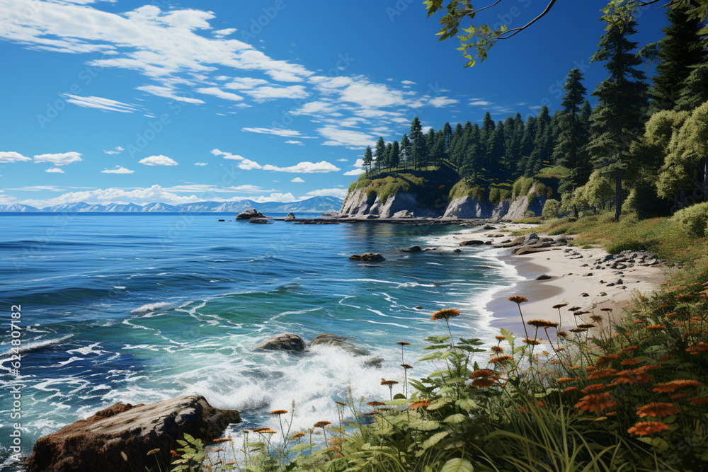 Poster a serene coastal scene with a gentle breeze, crashing waves, and the soothing sound of seagulls in t