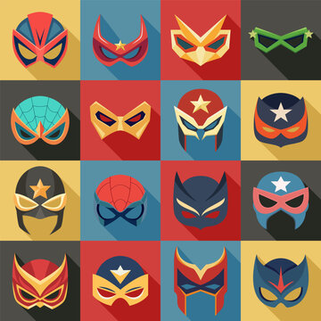 Vector Super Hero Masks Set in Flat Style with Long Shadow. Face Character, Superhero Comic Book Mask Collection. Superhero Photo Props, Women and Men Masks, Carnival Glasses