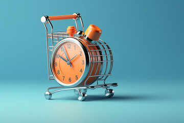 Alarm clock and shopping trolley with space for text. Time to shop
