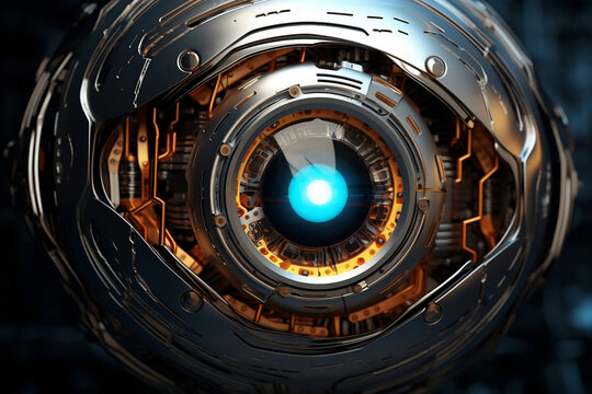 Eye pupil of a robot, cybernetic eye. Futuristic eye of a robot. AI. Human android cyborg eye futuristic control protection personal internet security access