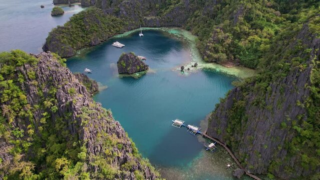 Drone footage. Aerial view of lagoon and bay as main subject in Philippines.
