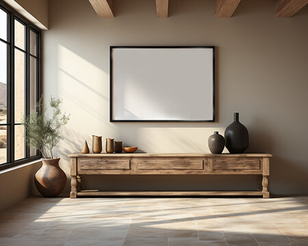 empty frame mockup in beige interior room with pottery vase sideboard and wooden floor in style of vintage. living room with photo frame and sunlight