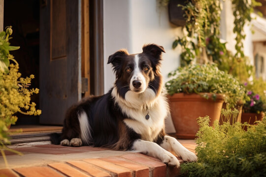 Border collie dog sitting on the doorstep, created with generative AI technology