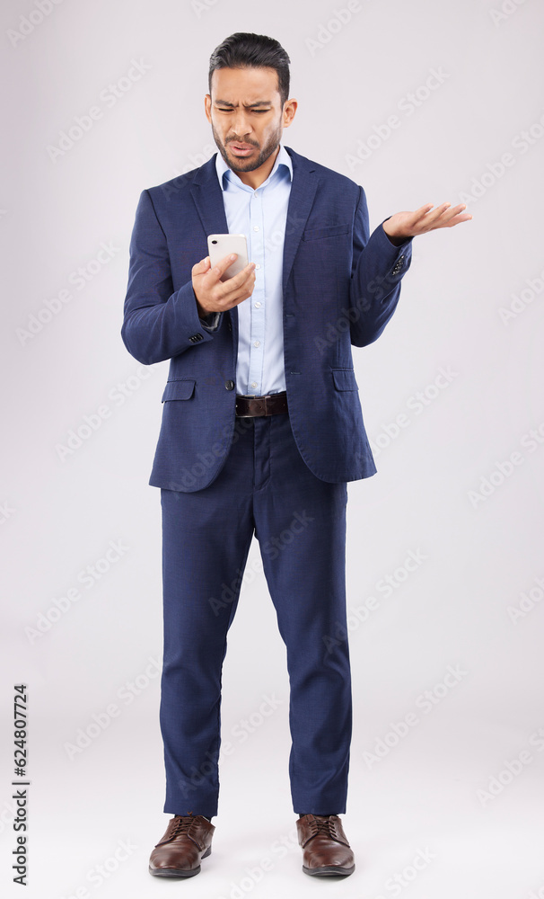 Poster phone, problem and asian man in studio confused with scam, alert or internet delay on grey backgroun