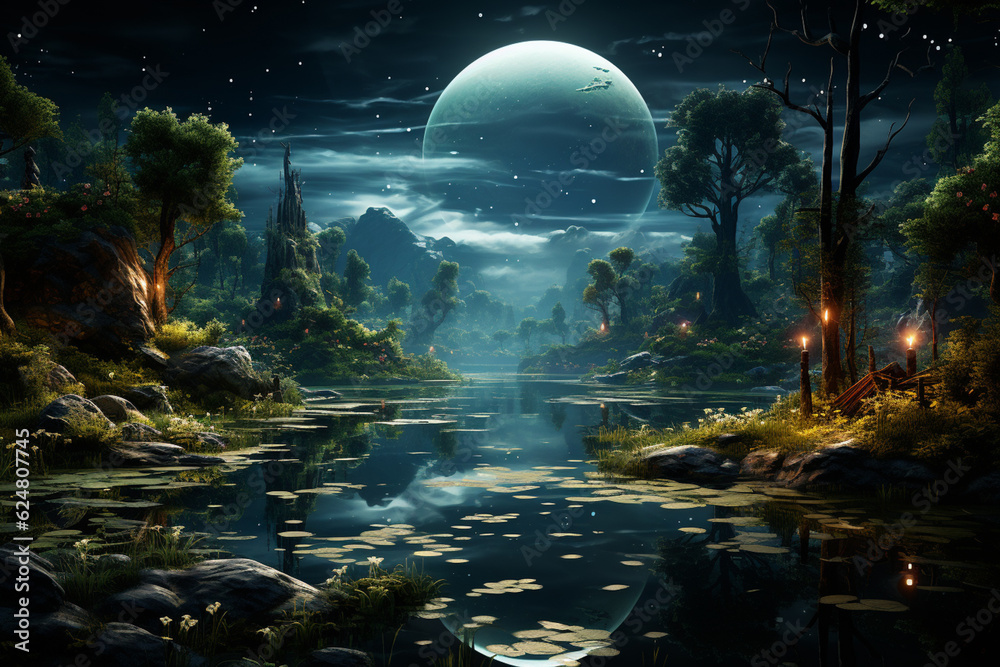 Poster A tranquil lake surrounded by lush greenery and a starry night sky, creating a sense of calm and serenity.  Generative AI technology.